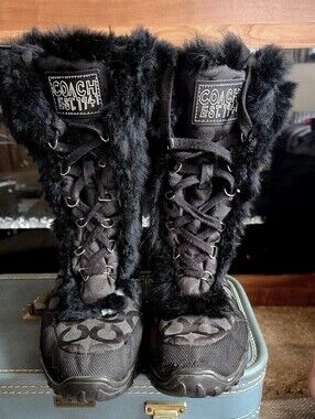 Coach Jennie Logo Jacquard Winter Boots Rabbit Fur Trim Black Monogram Size 91/2